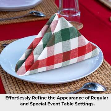 Urban Villa Set of 12 Checkered Dinner Napkins Buffalo Checks Cloth Napkins Red/Green/White Color Checks 100% Cotton Dinner Napkins Size 20x20 Inches Cloth Napkins Hotel Quality Dinner Napkins