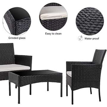 Walsunny 4 Pieces Outdoor Patio Furniture Sets Rattan Chair Wicker Set,Outdoor Indoor Use Backyard Porch Garden Poolside Balcony Furniture（Light Black）