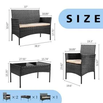 Walsunny 4 Pieces Outdoor Patio Furniture Sets Rattan Chair Wicker Set,Outdoor Indoor Use Backyard Porch Garden Poolside Balcony Furniture（Light Black）