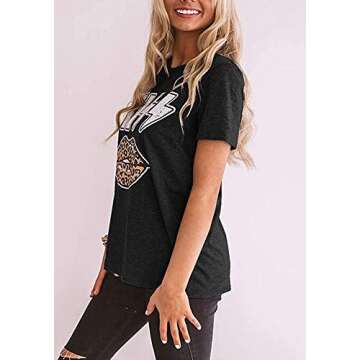 Qrupoad Womens Valentines Gifts Kiss Lips Leopard Print Tongue T-Shirt Summer Casual Cool Graphic Tees Tops Black