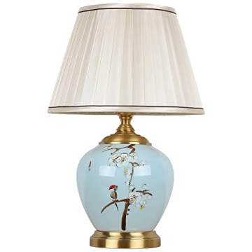 HATUO Hand Painted Ceramic Table Lamp, Blue and White Chinoiserie Lamp, Fabric Lampshade Bedside Tab...
