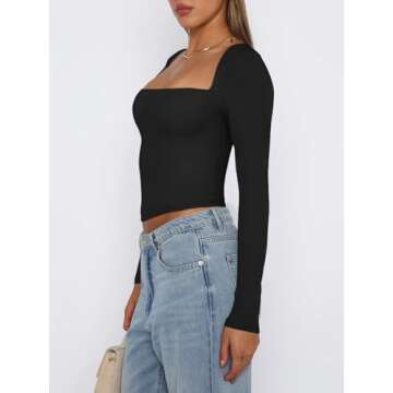 REORIA Women's Fall Sexy Casual Square Neck Long Sleeve Tight Cropped T Shirts Slim Fitted Basic Y2K...