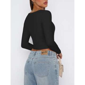 REORIA Women's Fall Sexy Casual Square Neck Long Sleeve Tight Cropped T Shirts Slim Fitted Basic Y2K Trendy Going Out Crop Tops for Teen Girls Black Large