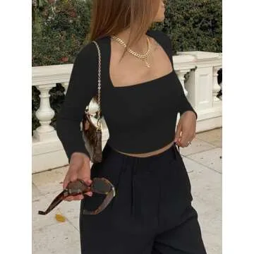 REORIA Women's Fall Sexy Casual Square Neck Long Sleeve Tight Cropped T Shirts Slim Fitted Basic Y2K Trendy Going Out Crop Tops for Teen Girls Black Large