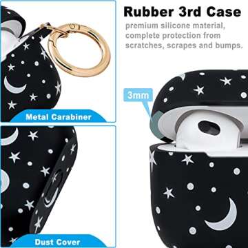 Moon Star Silicone Compatible with AirPods 3 Case 2021, Gawnock Soft Case for Compatible with AirPods 3rd Generation Print Cover for Women Girls with Keychain (Moon/Star)