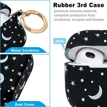 Moon Star Silicone Compatible with AirPods 3 Case 2021, Gawnock Soft Case for Compatible with AirPods 3rd Generation Print Cover for Women Girls with Keychain (Moon/Star)