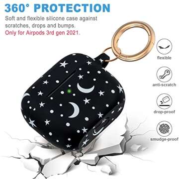 Moon Star Silicone Compatible with AirPods 3 Case 2021, Gawnock Soft Case for Compatible with AirPods 3rd Generation Print Cover for Women Girls with Keychain (Moon/Star)