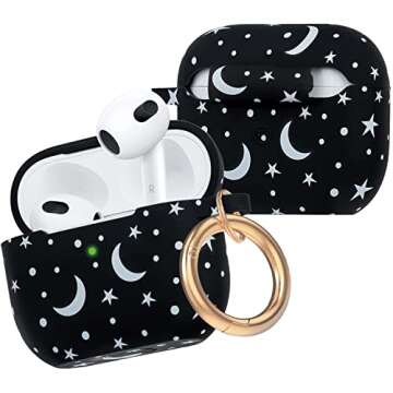 Moon Star Silicone Compatible with AirPods 3 Case 2021, Gawnock Soft Case for Compatible with AirPods 3rd Generation Print Cover for Women Girls with Keychain (Moon/Star)