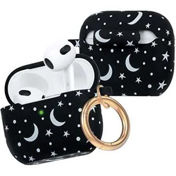 Moon Star Silicone Compatible with AirPods 3 Case 2021, Gawnock Soft Case for Compatible with AirPods 3rd Generation Print Cover for Women Girls with Keychain (Moon/Star)