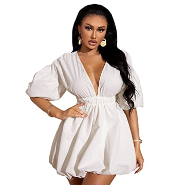 WDIRARA Women's Chic Deep V Neck Puff Sleeve Flare Mini Dress - White
