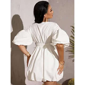 WDIRARA Women's Deep V Neck Puff Sleeve Flare Dress