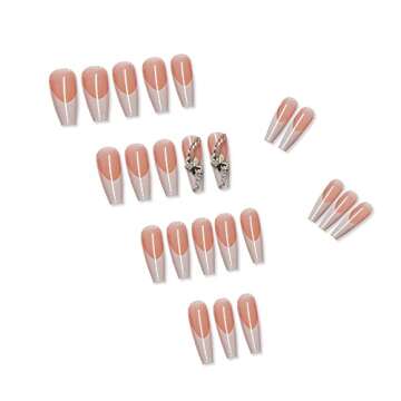 24 Pcs Press on Long Fake Nails - Acrylic Ballet French White Illuminate Butterfly Adhesive Tape Nails Design for Women and Girls