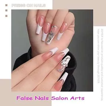 24 Pcs Press on Long Fake Nails - Acrylic Ballet French White Illuminate Butterfly Adhesive Tape Nails Design for Women and Girls