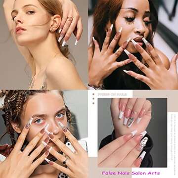 24 Pcs Press on Long Fake Nails - Acrylic Ballet French White Illuminate Butterfly Adhesive Tape Nails Design for Women and Girls