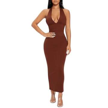 Floerns Women's Ribbed Knit Backless Maxi Dress - Brown