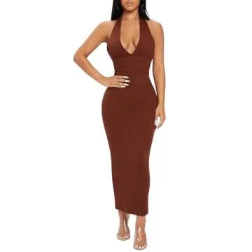 Floerns Women's Ribbed Knit Backless Maxi Dress - Brown