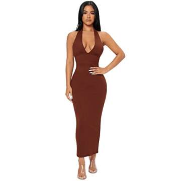 Floerns Women's Ribbed Knit Backless Maxi Dress - Brown