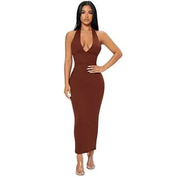Floerns Women's Ribbed Knit Backless Maxi Dress - Brown