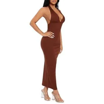 Floerns Women's Ribbed Knit Backless Maxi Dress - Brown