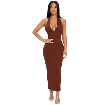 Floerns Women's Ribbed Knit Backless Maxi Dress - Brown