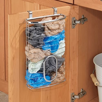 mDesign Steel Hanging Cabinet Storage Organizer Holder for Kitchen, Pantry - Holds Plastic, Sandwich, Garbage, Grocery and Trash Bags; Wrap, Foil, Pack - Spira Collection - Chrome