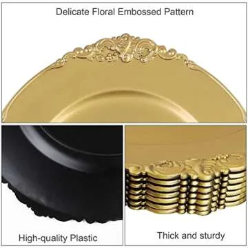 Breroa 8 Pack Gold Charger Plates with Embossed Rim Round Plastic Dinner Plates 13 Inches Antique Floral Serving Plates for Weddings, Table Setting, Holiday Parties