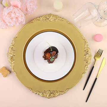 Breroa 8 Pack Gold Charger Plates with Embossed Rim Round Plastic Dinner Plates 13 Inches Antique Floral Serving Plates for Weddings, Table Setting, Holiday Parties
