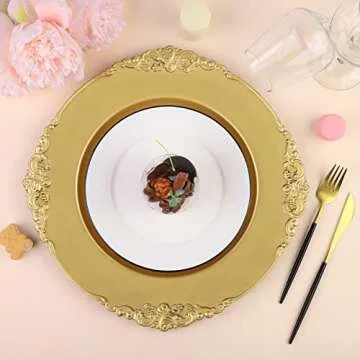 Breroa 8 Pack Gold Charger Plates with Embossed Rim Round Plastic Dinner Plates 13 Inches Antique Floral Serving Plates for Weddings, Table Setting, Holiday Parties