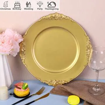 Breroa 8 Pack Gold Charger Plates with Embossed Rim Round Plastic Dinner Plates 13 Inches Antique Floral Serving Plates for Weddings, Table Setting, Holiday Parties