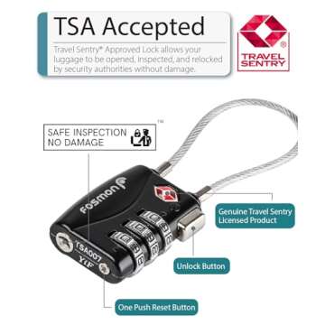 Fosmon TSA Approved Cable Locks for Travel & Locker Security - 3 Pack, Black