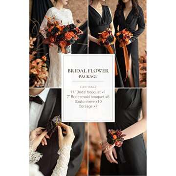 Ling's Moment DIY Package for Halloween Wedding,Black and Pumpkin Orange Theme Flowers and Greenery Can Make 11" Bridal Bouquet×1, 7" Bridesmaid Bouquet×6,Boutonnieres×10,Corsages×7
