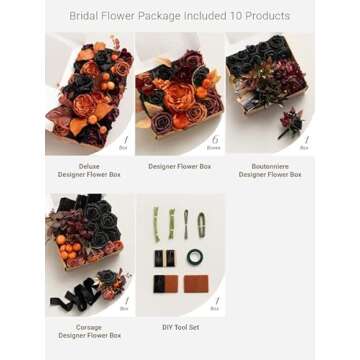 Ling's Moment DIY Package for Halloween Wedding,Black and Pumpkin Orange Theme Flowers and Greenery Can Make 11" Bridal Bouquet×1, 7" Bridesmaid Bouquet×6,Boutonnieres×10,Corsages×7