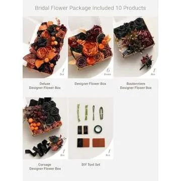 Ling's Moment DIY Package for Halloween Wedding,Black and Pumpkin Orange Theme Flowers and Greenery Can Make 11" Bridal Bouquet×1, 7" Bridesmaid Bouquet×6,Boutonnieres×10,Corsages×7