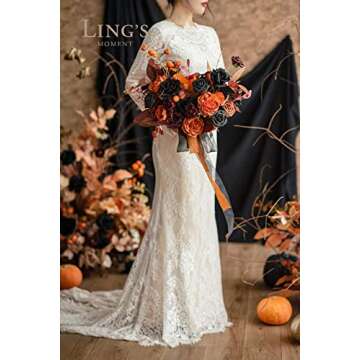 Ling's Moment DIY Package for Halloween Wedding,Black and Pumpkin Orange Theme Flowers and Greenery Can Make 11" Bridal Bouquet×1, 7" Bridesmaid Bouquet×6,Boutonnieres×10,Corsages×7