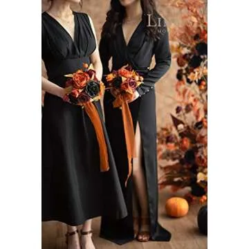 Ling's Moment DIY Package for Halloween Wedding,Black and Pumpkin Orange Theme Flowers and Greenery Can Make 11" Bridal Bouquet×1, 7" Bridesmaid Bouquet×6,Boutonnieres×10,Corsages×7