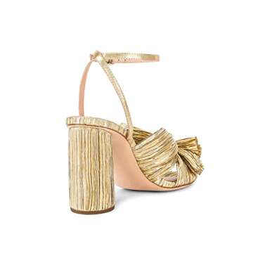 MICIFA Gold Bow Heels for Women, Ankle Strap Block Chunky Heels Open Toe Bow Knot Heeled Sandals Bride Wedding Shoes