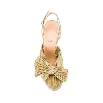 MICIFA Gold Bow Heels for Women, Ankle Strap Block Chunky Heels Open Toe Bow Knot Heeled Sandals Bride Wedding Shoes