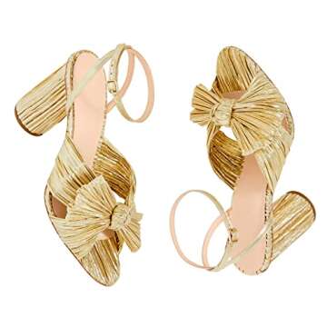 MICIFA Gold Bow Heels for Women, Ankle Strap Block Chunky Heels Open Toe Bow Knot Heeled Sandals Bride Wedding Shoes