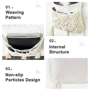 Mkono Macrame Sofa Armrest Organizer Remote Control Holder Couch Bedside Armchair Caddy Storage Basket Bag for TV Remote Control, Magazine, Books, Cell Phone, iPad, Boho Home Dorm Decor, Beige