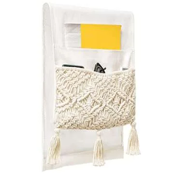 Mkono Macrame Sofa Armrest Organizer Remote Control Holder Couch Bedside Armchair Caddy Storage Basket Bag for TV Remote Control, Magazine, Books, Cell Phone, iPad, Boho Home Dorm Decor, Beige