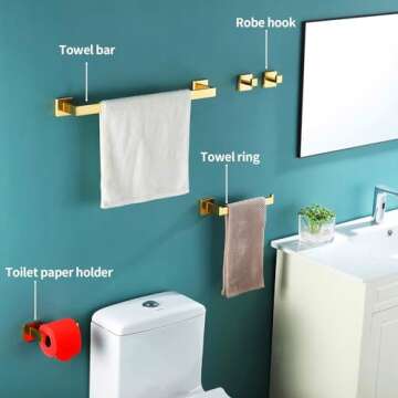 Durafe 5 Piece Brushed Gold Towel Bar Set,Brushed Bathroom Hardware Set SUS304 Stainless Steel Single Bathroom Towel Rack 23.6-Inch Towel Ring Toilet Paper Holder Towel Robe Hooks Accessory