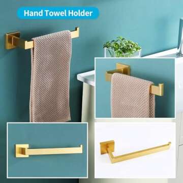 Durafe 5 Piece Brushed Gold Towel Bar Set,Brushed Bathroom Hardware Set SUS304 Stainless Steel Single Bathroom Towel Rack 23.6-Inch Towel Ring Toilet Paper Holder Towel Robe Hooks Accessory