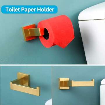 Durafe 5 Piece Brushed Gold Towel Bar Set,Brushed Bathroom Hardware Set SUS304 Stainless Steel Single Bathroom Towel Rack 23.6-Inch Towel Ring Toilet Paper Holder Towel Robe Hooks Accessory