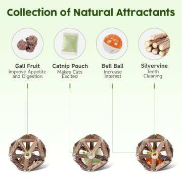 Potaroma Catnip Toys, 3Pcs Cat Toys Natural Silvervine Stick Cage Balls & Bell Ball for Indoor Cats,...