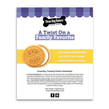 Three Dog Bakery Lick'n Crunch! Golden & Vanilla Dog Sandwich Cookies, 20 Count – Dog Treat Cookie...