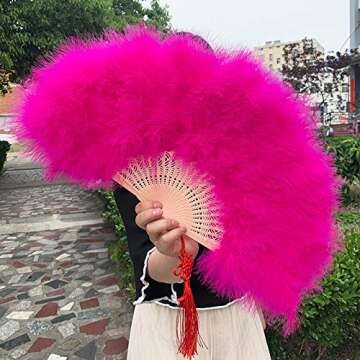 9 Colors Marabou Large Feather Fan 23"X12"for Dancing, Party, Wedding,Bridal Bouquet Deco (Hot Pink)
