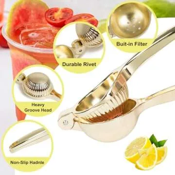 Agirlvct Lemon Squeezer, Heavy Duty Zinc Manual Lemon Juicer, Threaded Groove Fresh Small Oranges Limes Juicer Hand Press Manual Press for Home Restaurant Kitchen Accessories Utensils(Gold)