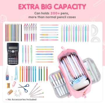 Large Pencil Case for Girls, Big Capacity Pencil Pouch Back to School Supplies for Teens, Cute Pen Stationery Bag Organizer Pink Pencil Holder Back to School Gifts for Students School College Office