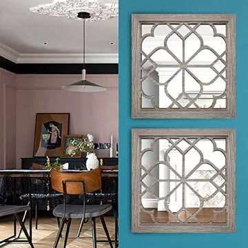 Wocred 2 PCS Square Wall Mirror,Gorgeous Rustic Farmhouse Accent Mirror,Barn Wood Color Entry Mirror for Bathroom Renovation,Bedrooms,Living Rooms and More(12”x12”)