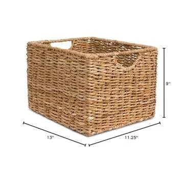 BIRDROCK HOME Storage Shelf Organizer Baskets with Handles - Handwoven Abaca Seagrass Wicker Basket for Pantry, Living Room, Office & Bathroom, Versatile Under Shelf Storage - Set of 3, Natural